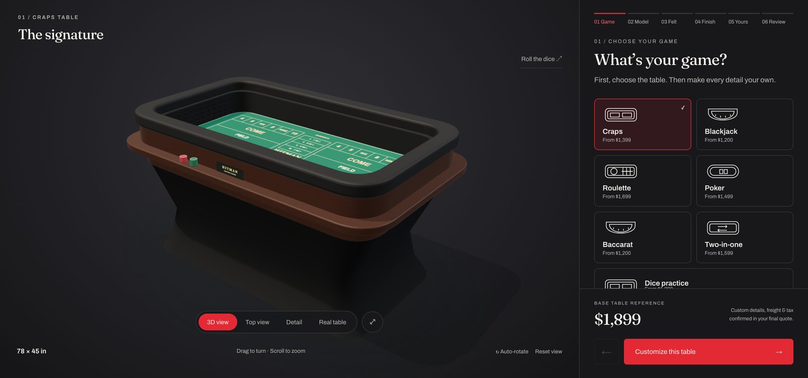 The 3D table builder: pick a game, see the table, see the price