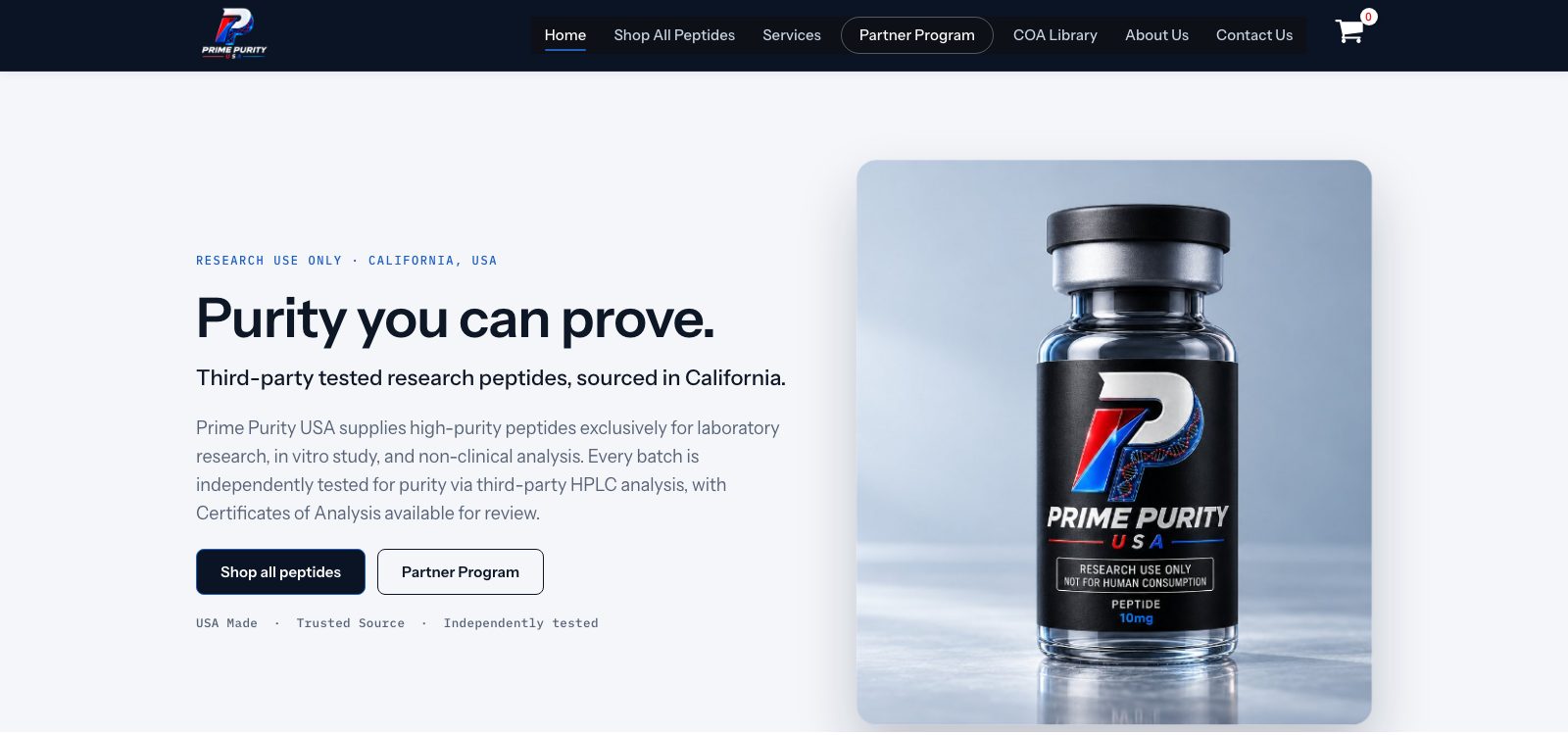 The redesigned Prime Purity USA homepage