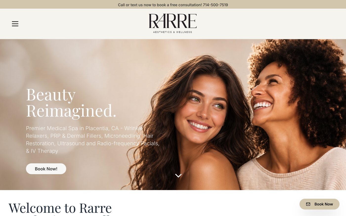 Rarre Aesthetics and Wellness website