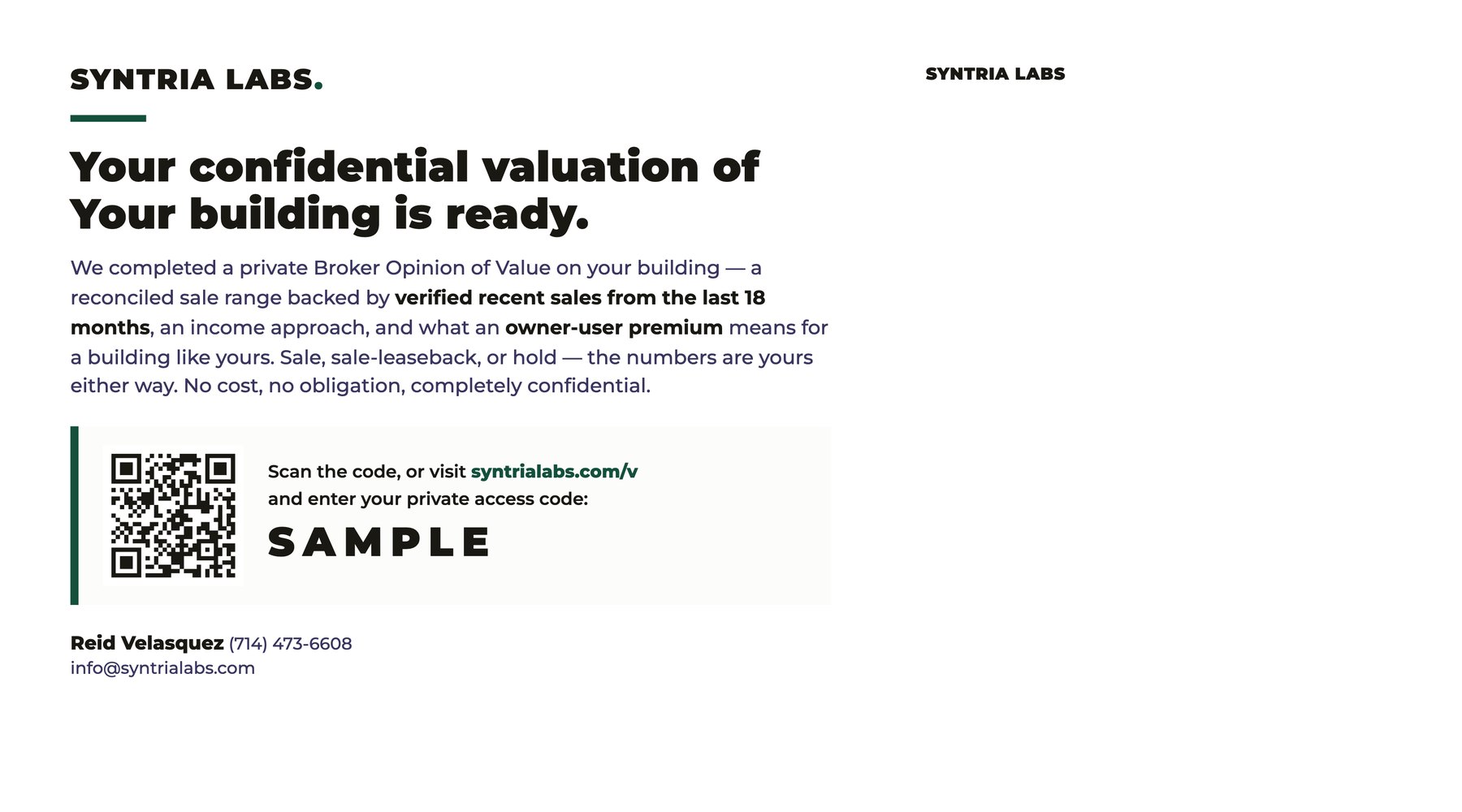 Sample mailed card back with Syntria Labs logo, emerald rule, blank Click2Mail panel, code SAMPLE. Not a live listing.